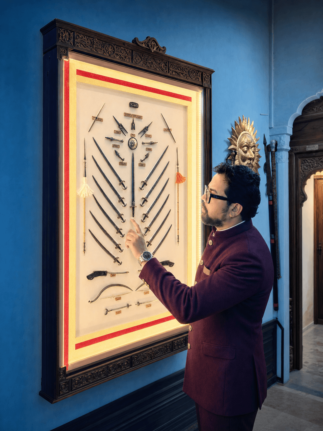 Premium Rajasthan heritage sword collection displayed inside an illuminated royal interior.